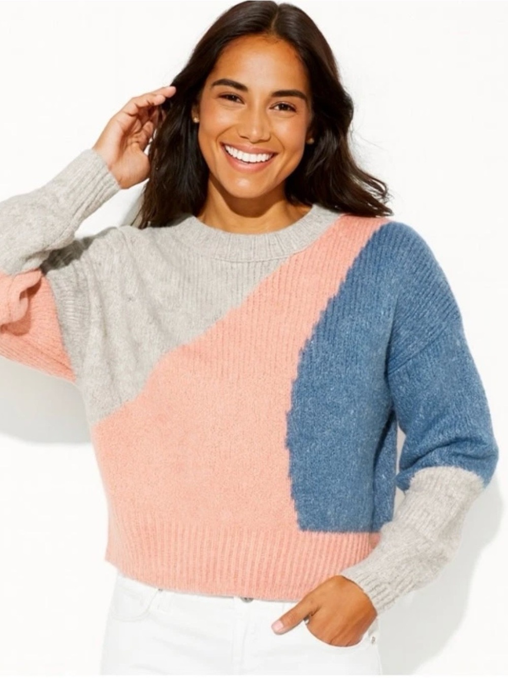 Nordstrom Topshop Colorblock Knit Pullover Sweater M Gray Pink Retro Abstract - Picture 9 of 9